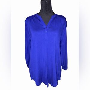 Cable & Gauge Royal Blue V Neck Blouse Tab Sleeve Stretch Top L